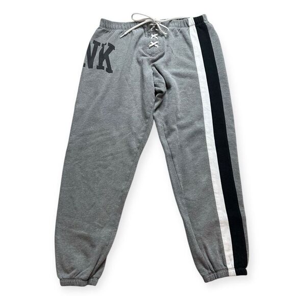 PINK VICTORIA’S SECRET Women’s Gray Black White Lace Up Front Sweatpants Size Me - Picture 1 of 4